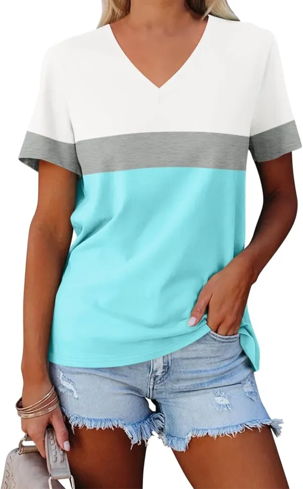 ORANDESIGNE Women's Color Block Short Sleeve T Shirts Casual V Neck Summer Tops Tees Loose Fit Blouses