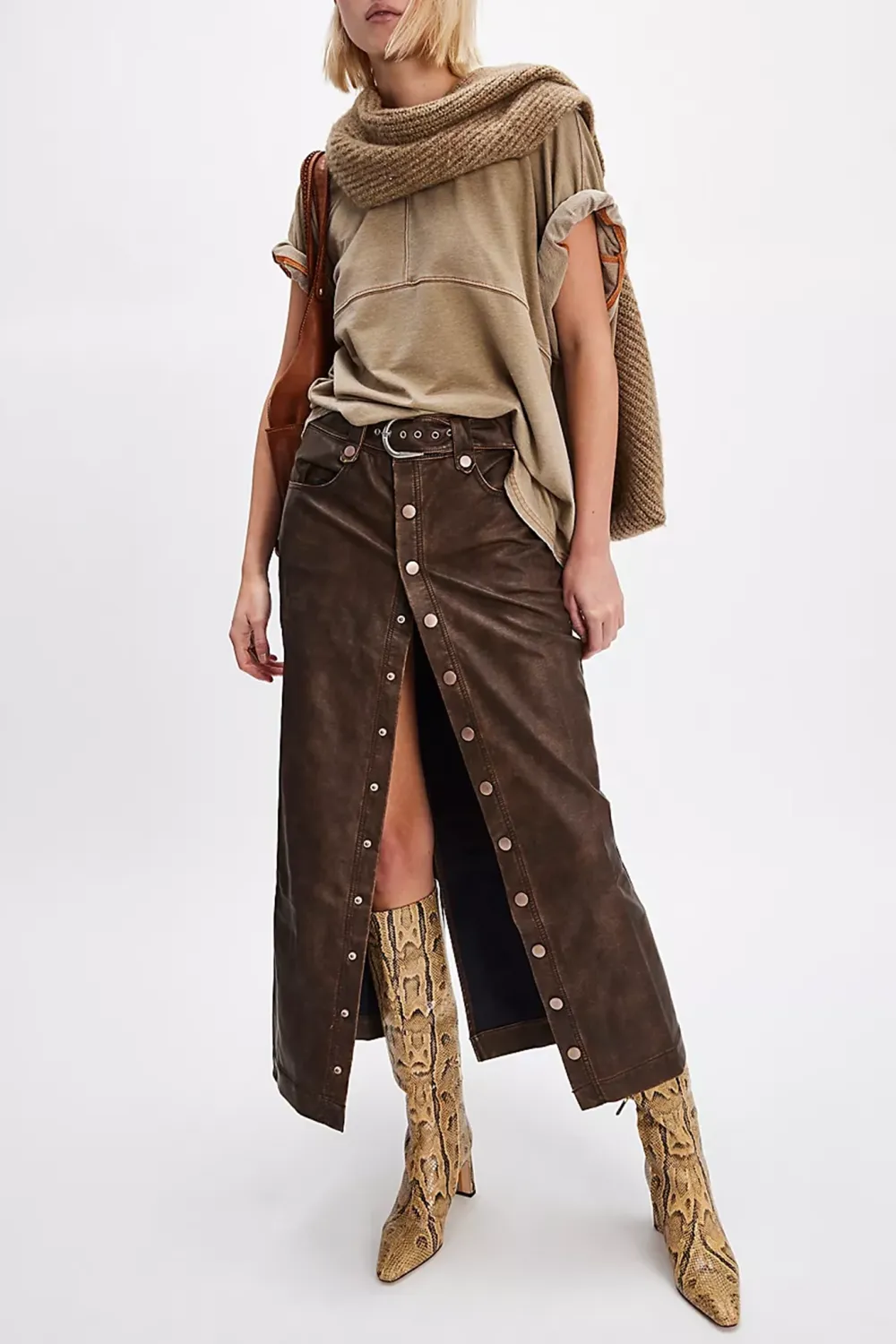 Faux Leather Button Front Slit Maxi Skirt