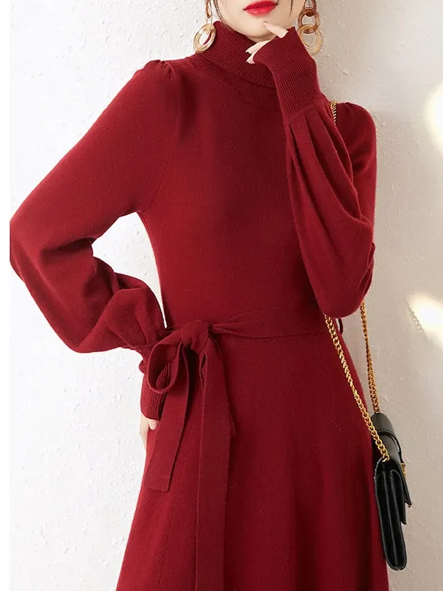 Women's Red Christmas Dress Sweater Dress Jumper Dress Midi Dress Warm Fashion Casual Plain Outdoor Christmas Daily Vacation Turtleneck Long Sleeve Lace up 2023 Regular Fit Black Wine Blue One Size