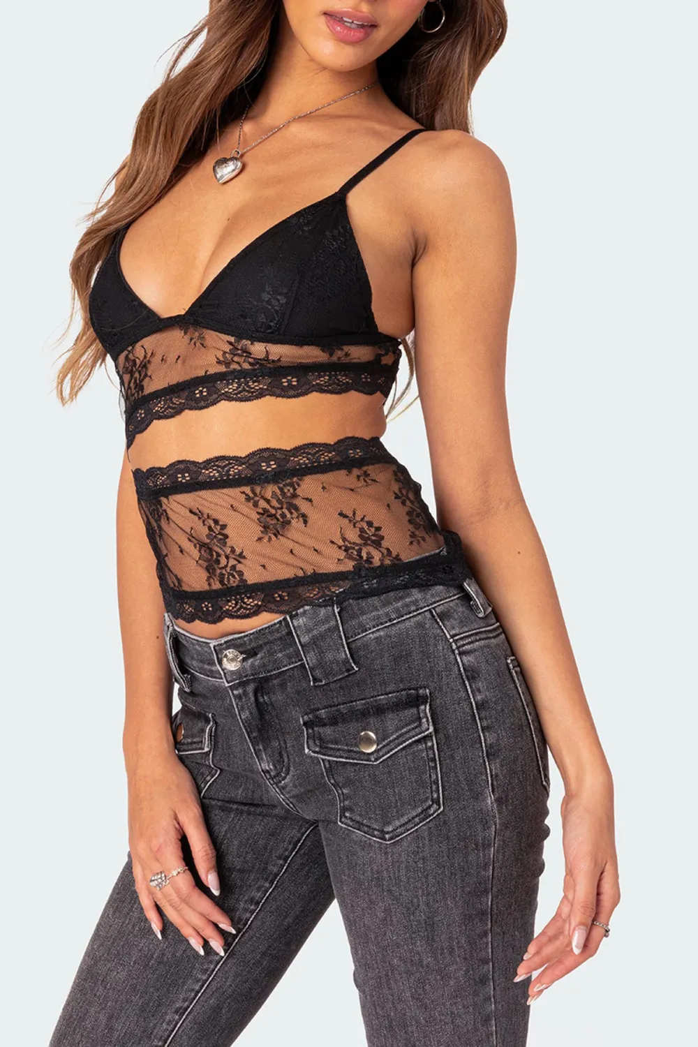 Cut Out Sheer Lace Tank Top