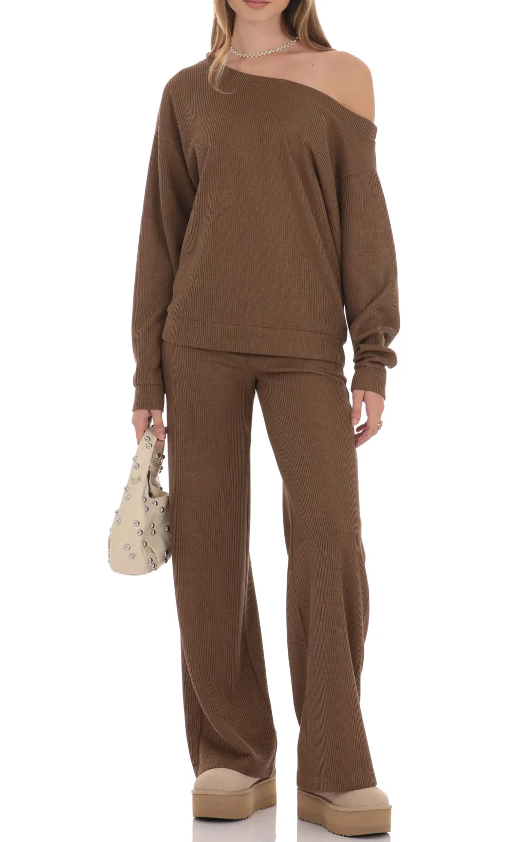 Off Shoulder Knit Oversized Jumper in Brown