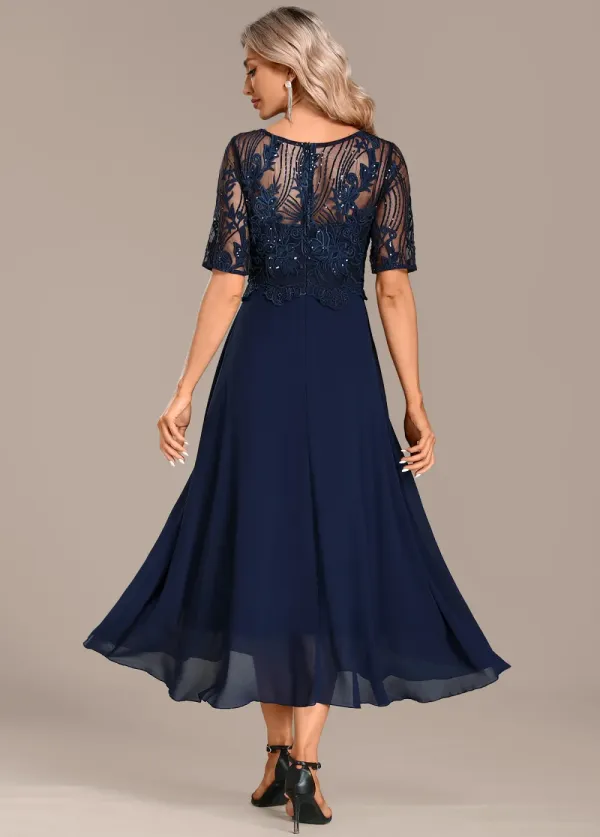 Navy Lace Short Sleeve Round Neck Dress