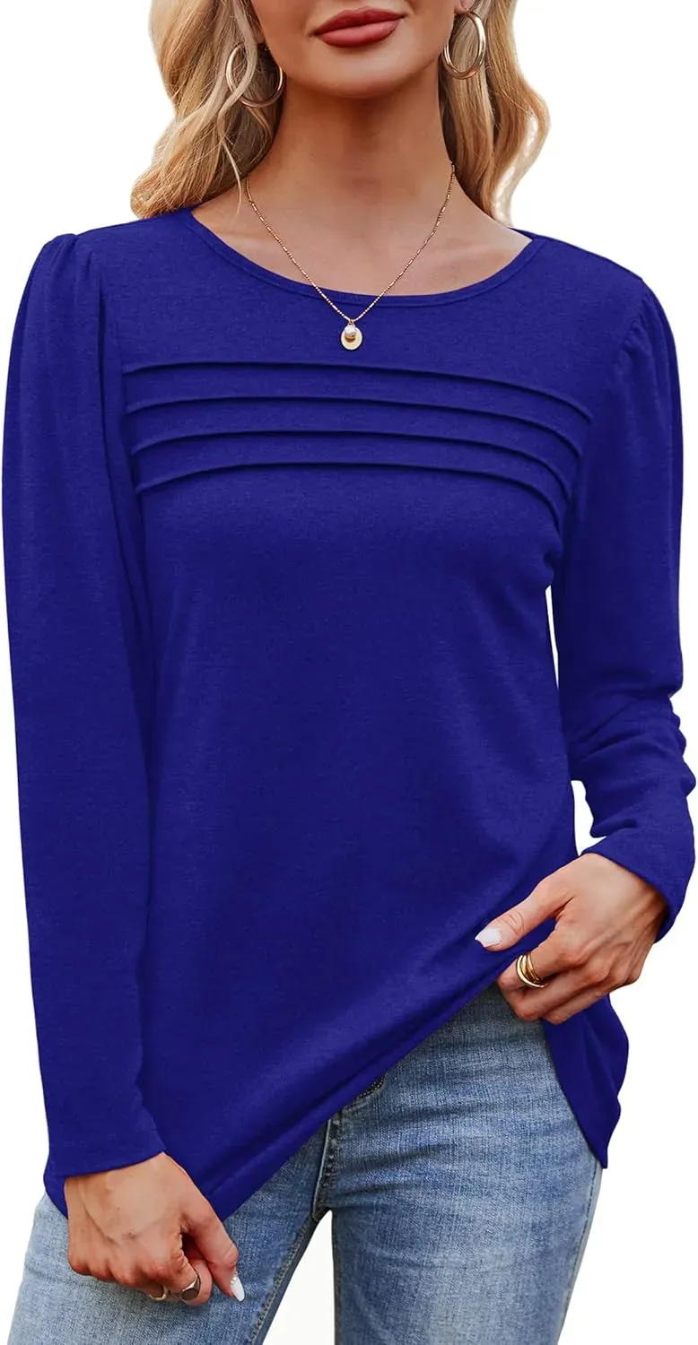 OFEEFAN Long Sleeve Shirts for Women Fall Fashion 2024 Dressy Casual Blouses Trendy Pleated Tunic Tops for Leggings