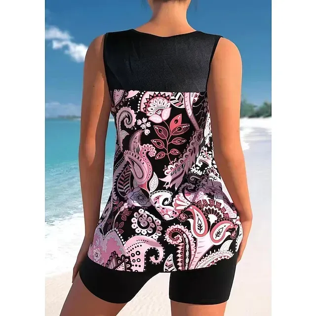 Women's Swimwear Tankini 2 Piece Plus Size Swimsuit Printing Floral Black White Yellow Pink Sky Blue Tank Top Bathing Suits Sports Summer