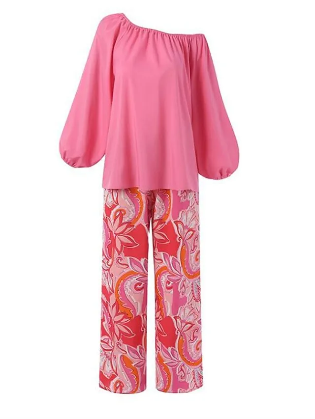 Women's Loungewear Sets Flower Fashion Casual Comfort Home Street Daily Polyester Breathable Off Shoulder Long Sleeve Shirt Pant Summer Spring Black Pink