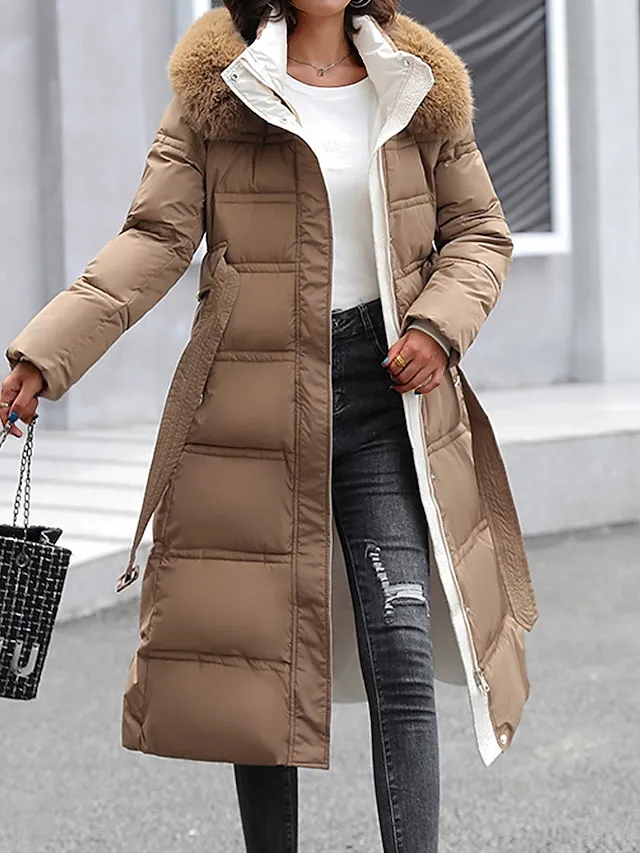 Women's Winter Coat Long Puffer Jacket Warm Parka with Removable Faux Fur Collar Windproof Jacket with Belt Zipper Heated Hoodie Jacket Outerwear Long Sleeve