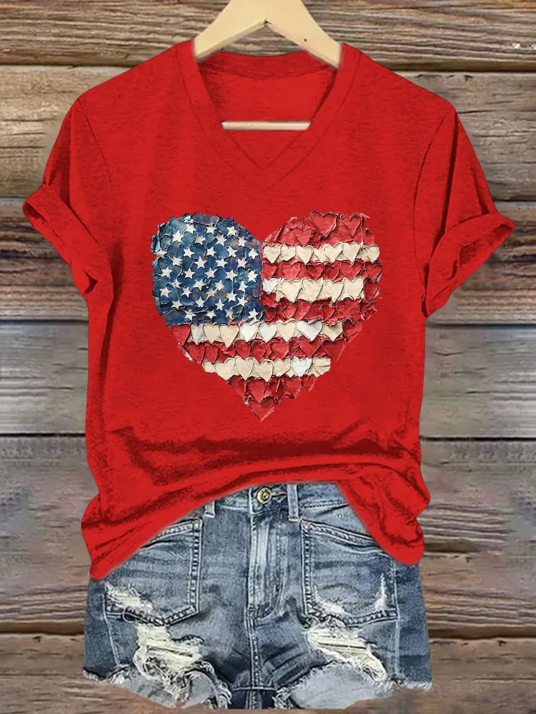 Women'S T-Shirt With National Flag Pattern Heart Print, Pure Cotton V-Neck Short-Sleeved T-Shirt