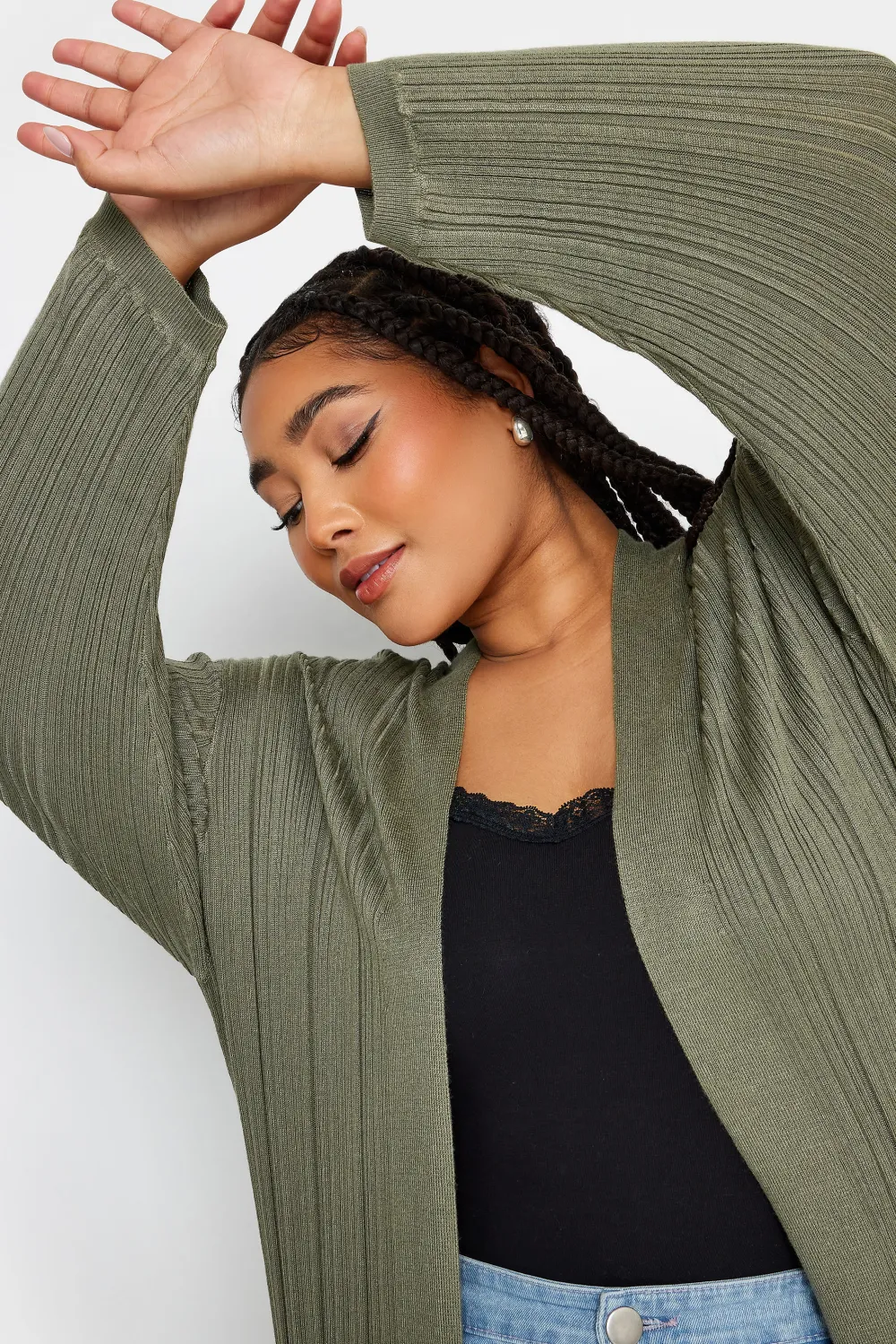 YOURS Curve Khaki Green Longline Ribbed Cardigan