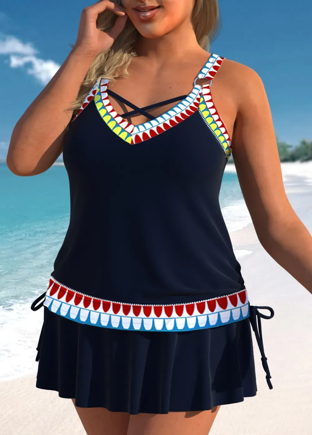 Circular Ring African Tribal Print Navy Tankini Top