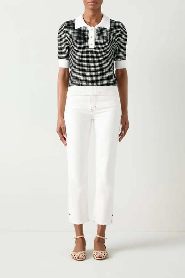 Black Cream Checkered Polo Collar Short Sleeve Knit