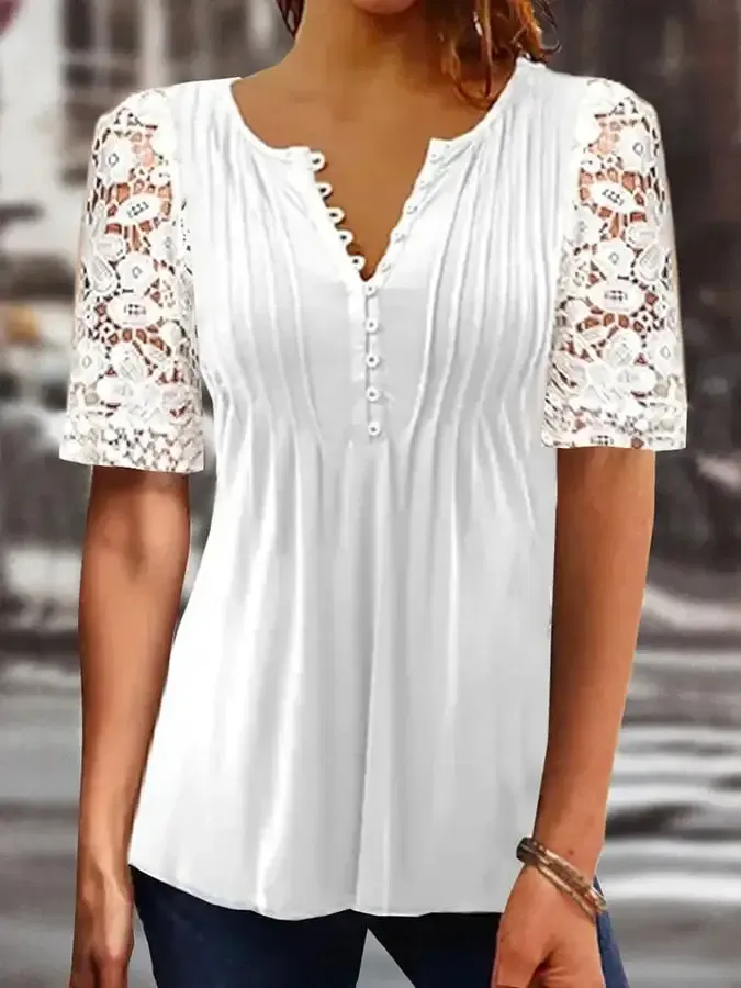 Lace Trim Panel Short Sleeve Top