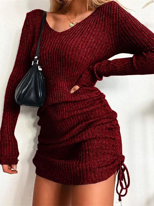 Women's Sweater Dress Winter Dress Sheath Dress Mini Dress Casual Pure Color Winter Dress Daily Holiday Vacation V Neck Long Sleeve Ruched 2023 Slim Black Pink Wine S M L XL XXL 3XL