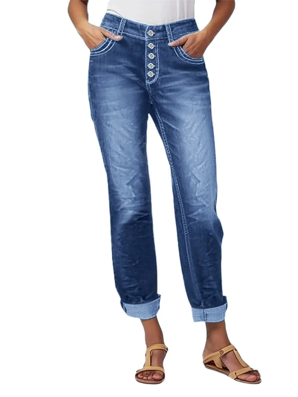 Button Up Roll Hem Low Waist Straight Leg Jeans