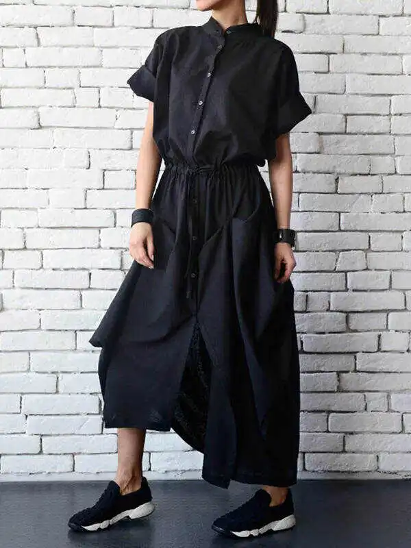 Casual Drawstring Asymmetric Stand Collar Maxi Dresses