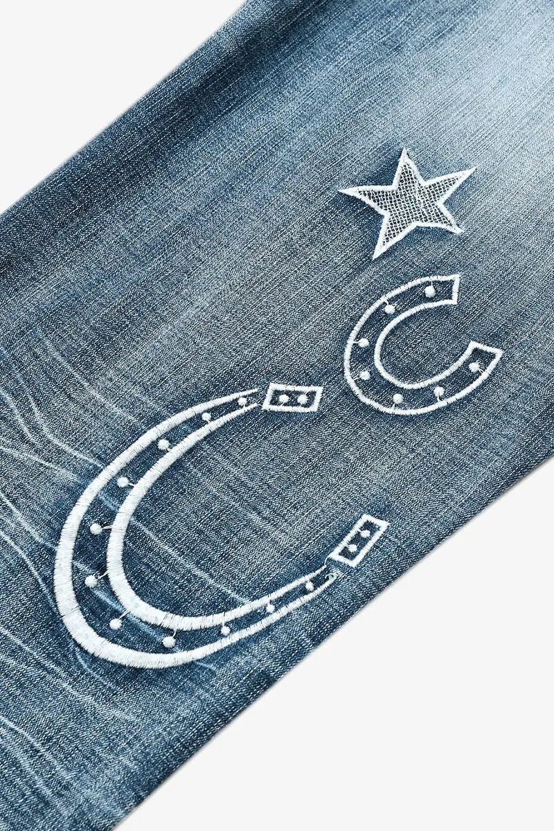 Star & Moon Pattern Button Front Mid Rise Bootcut Jeans