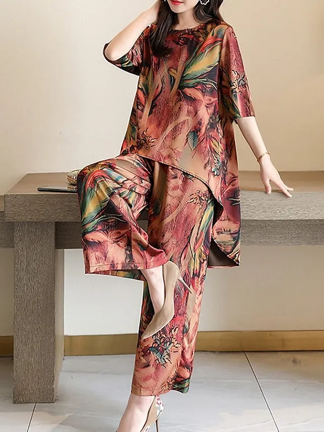 Women's Loungewear Sets Flower Fashion Casual Comfort Street Daily Date Polyester Breathable Crew Neck Short Sleeve T shirt Tee Pant Pocket Summer Spring Light Green Red