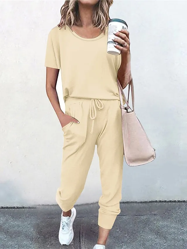 Women's Loungewear Sets Pure Color Fashion Casual Comfort Street Daily Date Polyester Breathable Crew Neck Short Sleeve T shirt Tee Pant Pocket Elastic Waist Summer Fall Black Pink