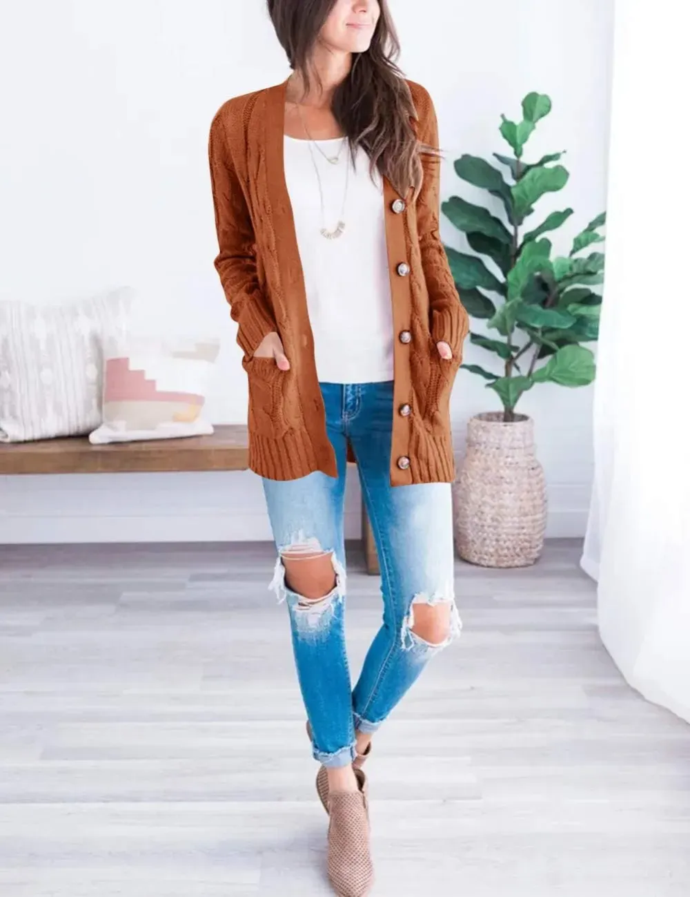 MEROKEETY Women's 2024 Fall Long Sleeve Cable Knit Sweater Open Front Cardigan Button Loose Outerwear