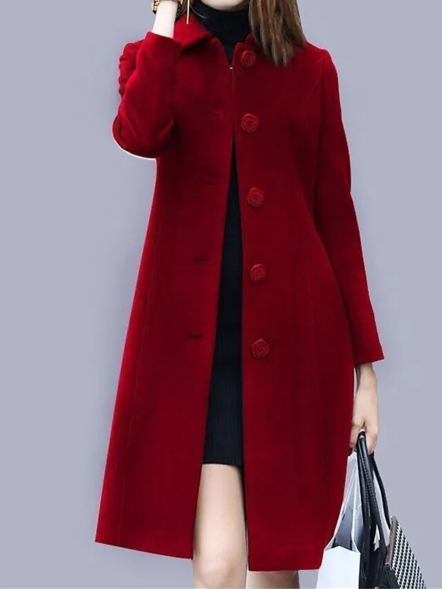Women's Overcoat Long Pea Coat Single Breasted Lapel Winter Coat Christmas Party Windproof Warm Trench Coat with Pockets Comtemporary Stylish Lady Jacket Long Sleeve Black Wine Royal Blue