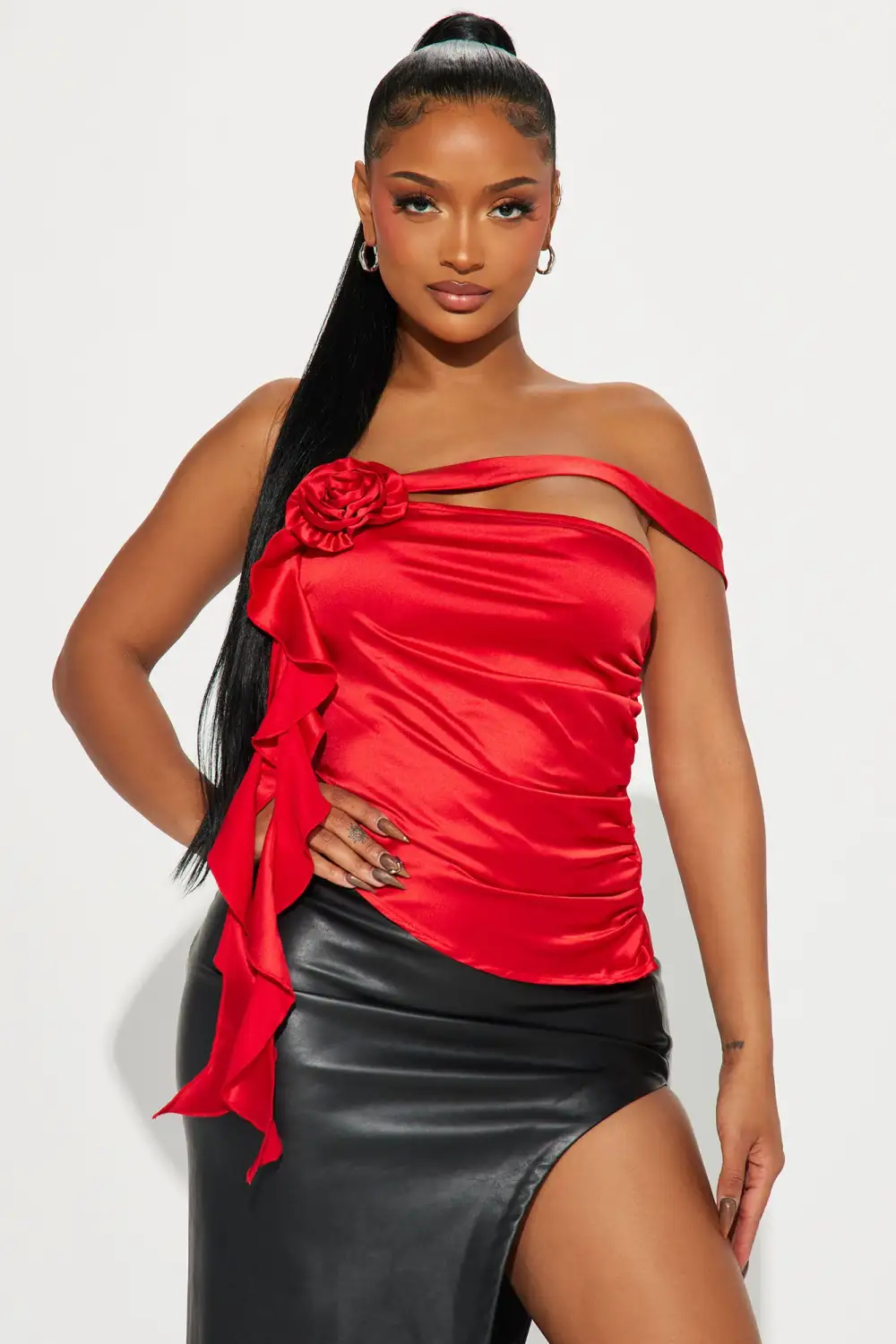 Belle Satin Blouse Top - Red