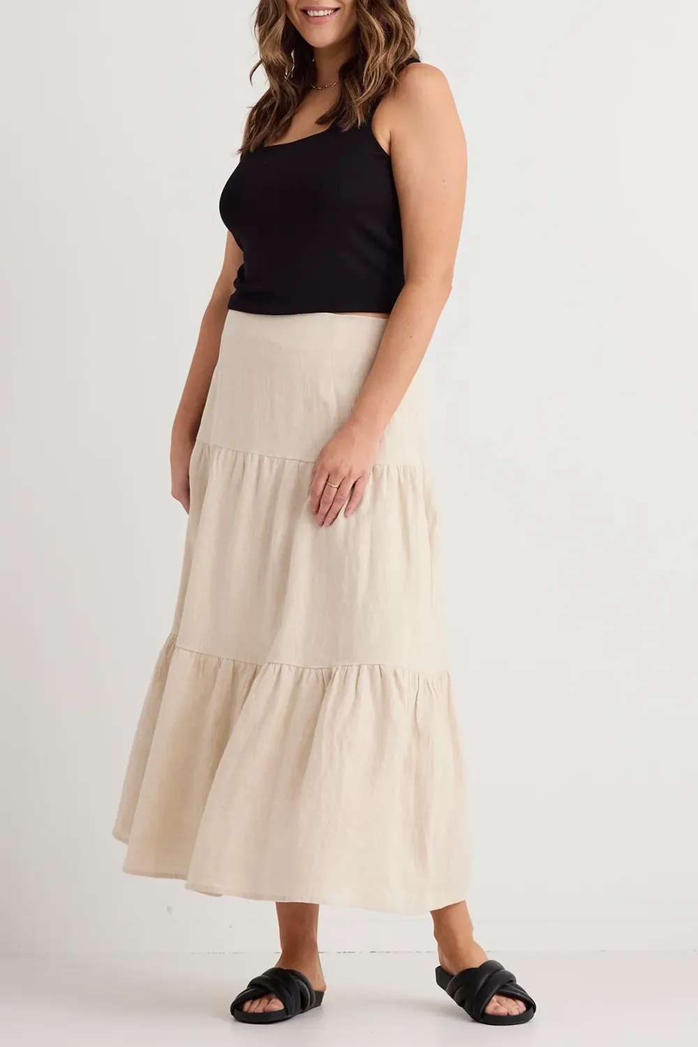 Tiered Linen Midi Skirt