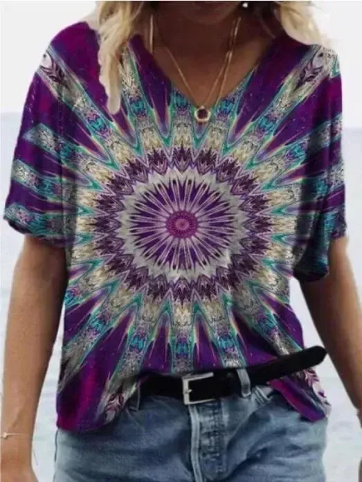Women Short Sleeve V-Neck Tie-dye Printed Tops