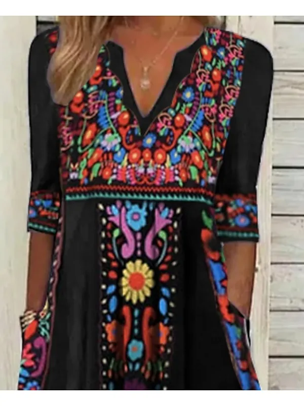 Women's Casual Dress Ethnic Dress Shift Dress Midi Dress Black Half Sleeve Floral Pocket Fall Spring Summer V Neck Vintage Birthday Daily Date 2023 S M L XL XXL 3XL