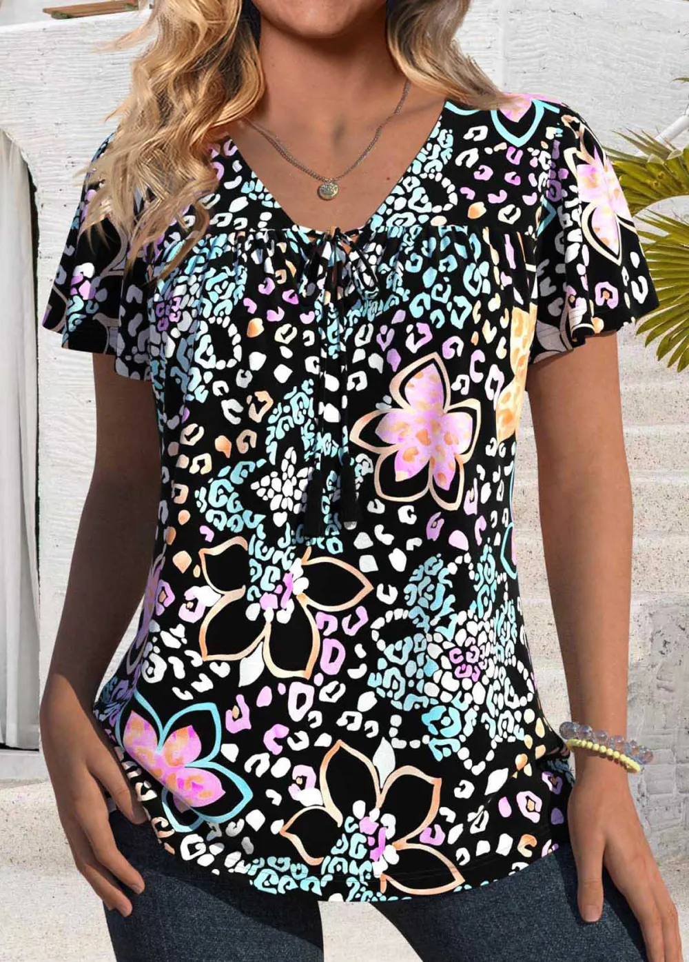 Black Tie Floral Print Short Sleeve T Shirt