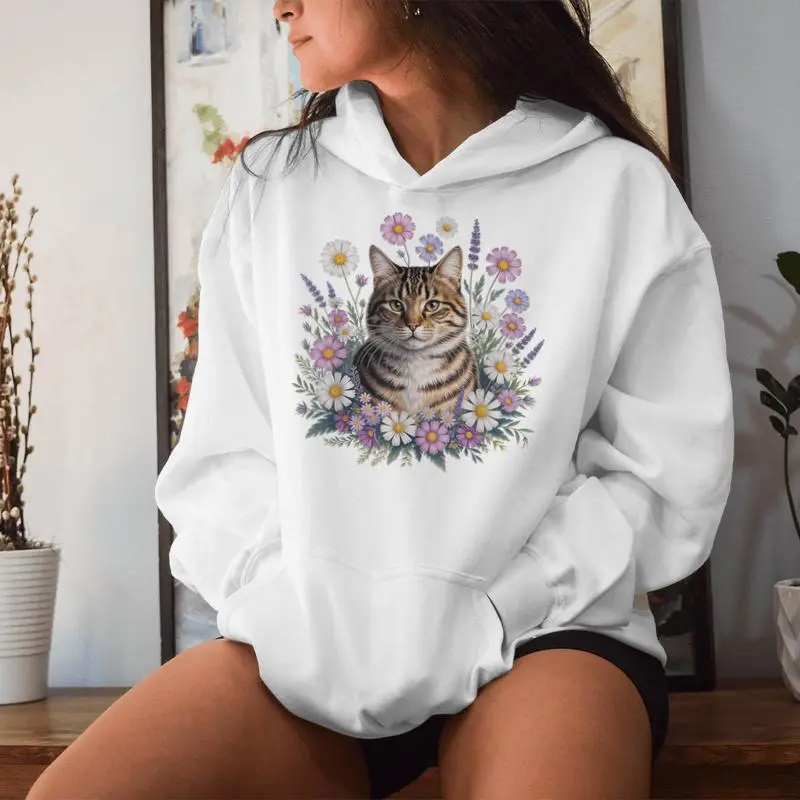 Cat Flowers Floral Cute Kitten Aesthetic Cat Lovers Garden Women Hoodie