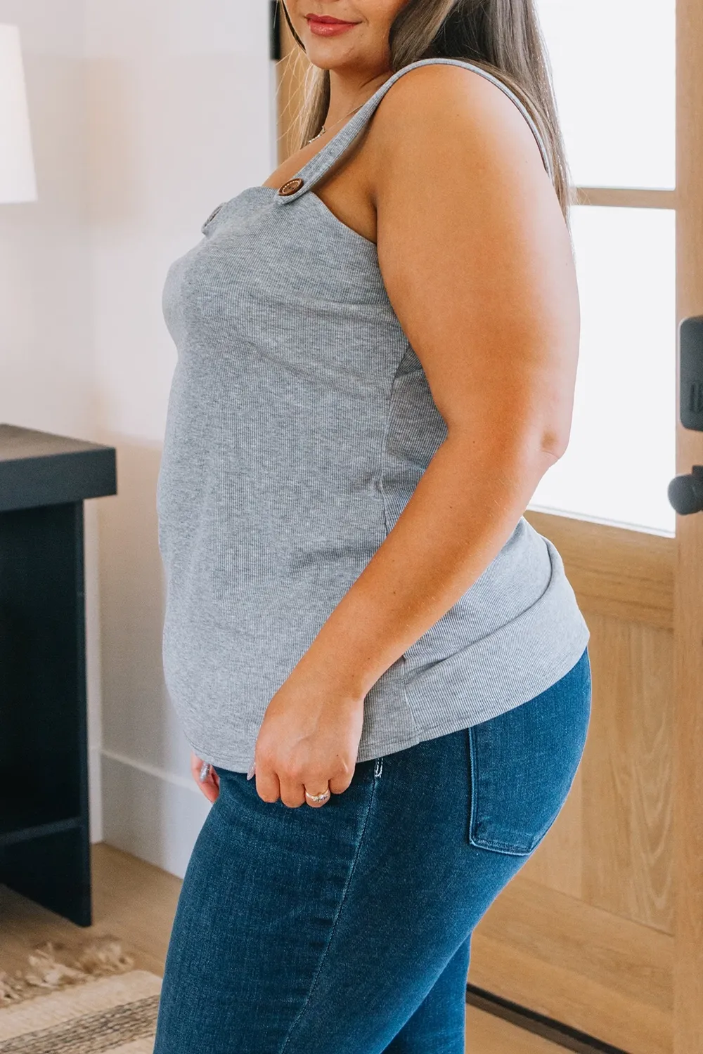 Grey Basic Button Strap Slim-Fit Tank Tops