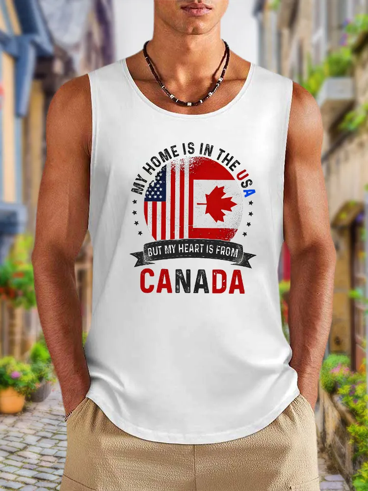 Men'S My Home Is In The Usa But My Heart Is From Canada Round Neck Cotton Vest