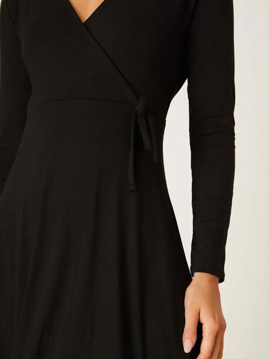 Black Wrap V-Neck Long Sleeve Midi Dress