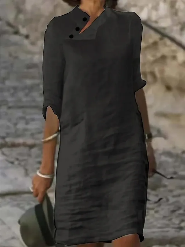 Women‘s Cotton Linen Dress Shirt Dress Casual Dress Shift Dress Midi Dress Cotton Blend Fashion Basic Outdoor Daily Vacation Stand Collar Button Half Sleeve Summer Spring 2023 Black White Blue Plain