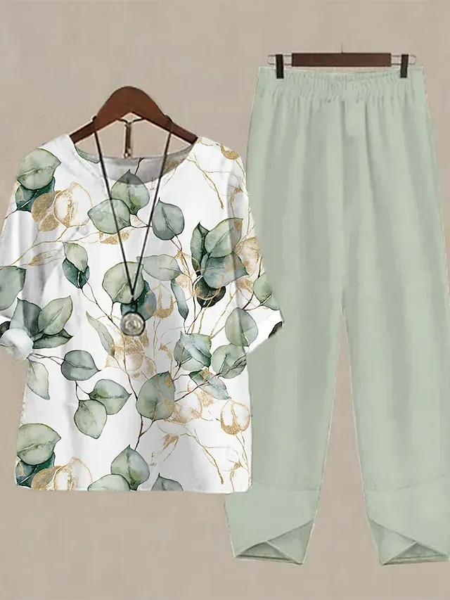 Women's Shirt Pants Sets Pants Trousers Basic White Pink Holiday Weekend Graphic Striped Print Round Neck S M L XL 2XL