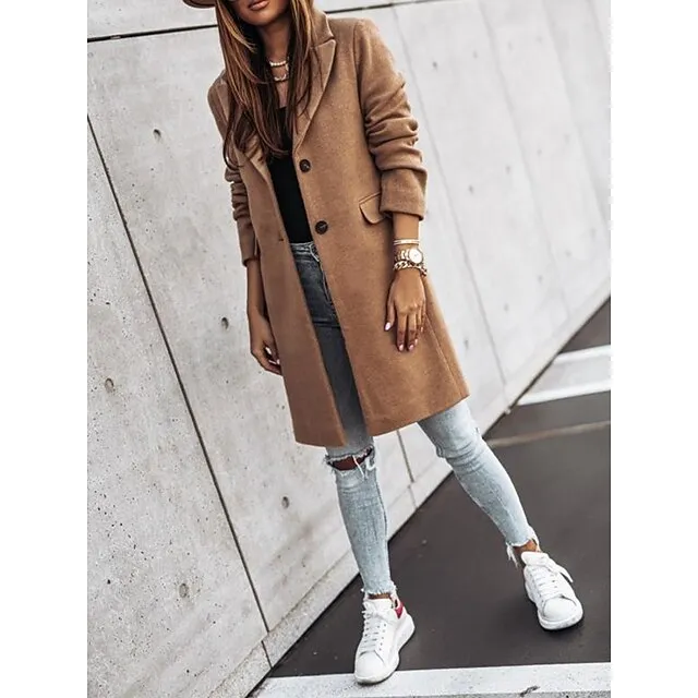 Women's Winter Coat Long Overcoat Fall Stand Collar Trench Coat Warm Windproof Pea Coat with Pockets Formal Stylish Casual Street Jacket Long Sleeve Black White Khaki