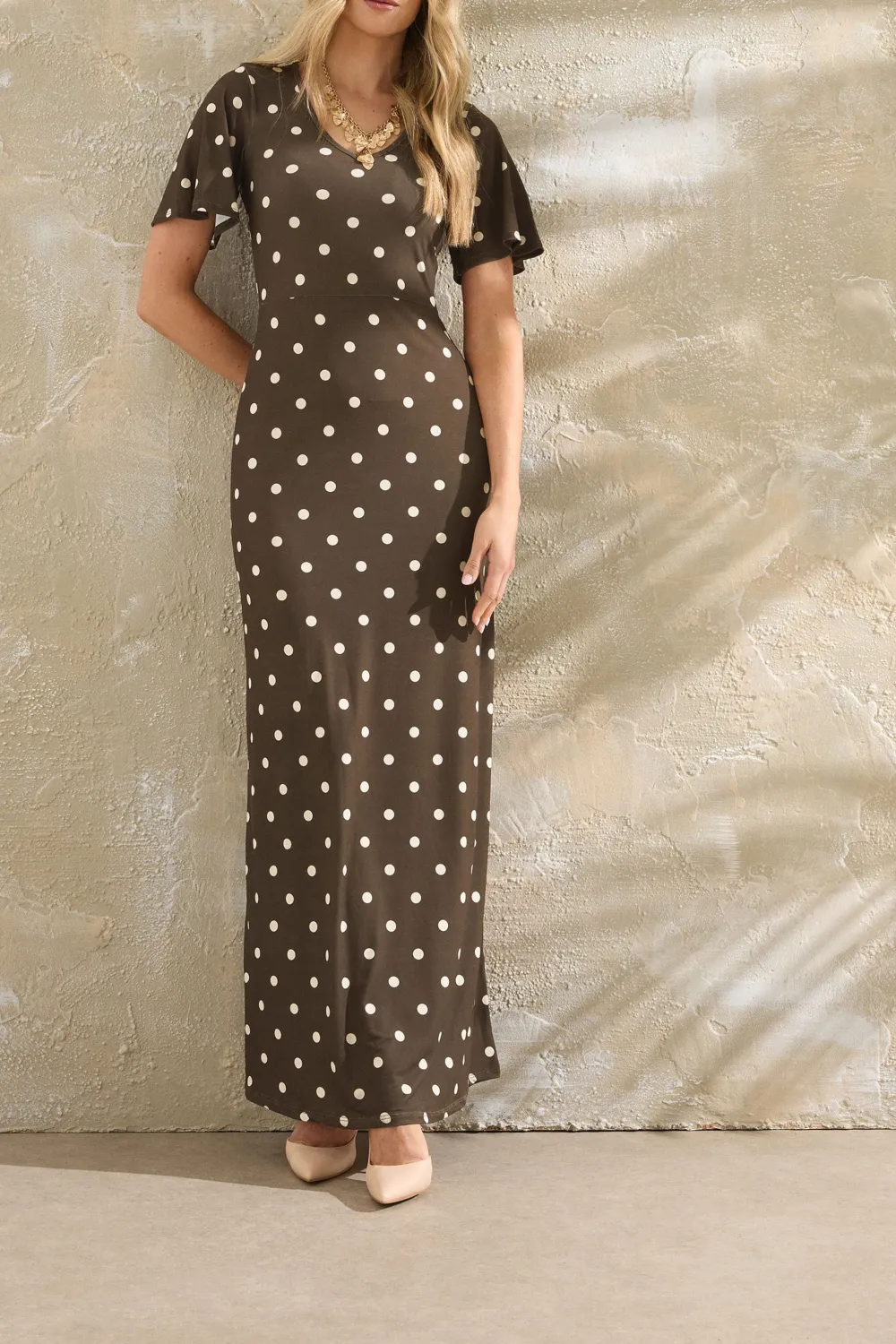 Brown Spot Polkadot Angel Sleeve Maxi Dress