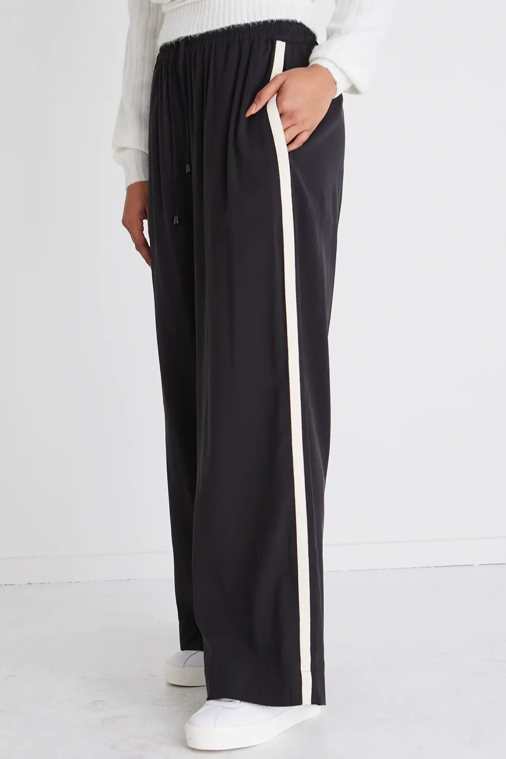 Elastic Waist Draw String Stripe Wide Leg Pants