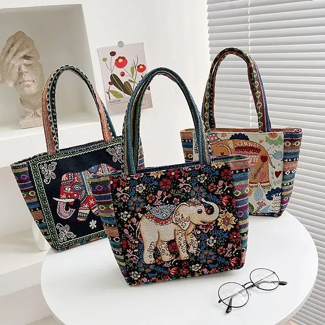Women's Girls' Tote Polyester Daily Office & Career Cartoon Artwork Floral Print Rabbit Peacock blue striped kitten
