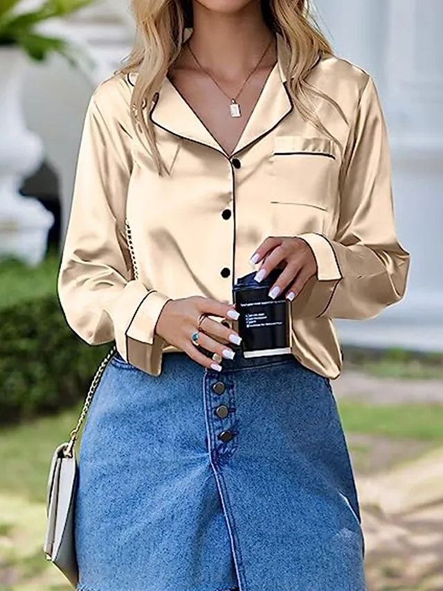 Women's Satin Silk Lounge Sets Satin Pajama Sets Pure Color Fashion Casual Comfort Home Daily Bed Satin Breathable Lapel Long Sleeve Shirt Pant Button Pocket Summer Fall Black White