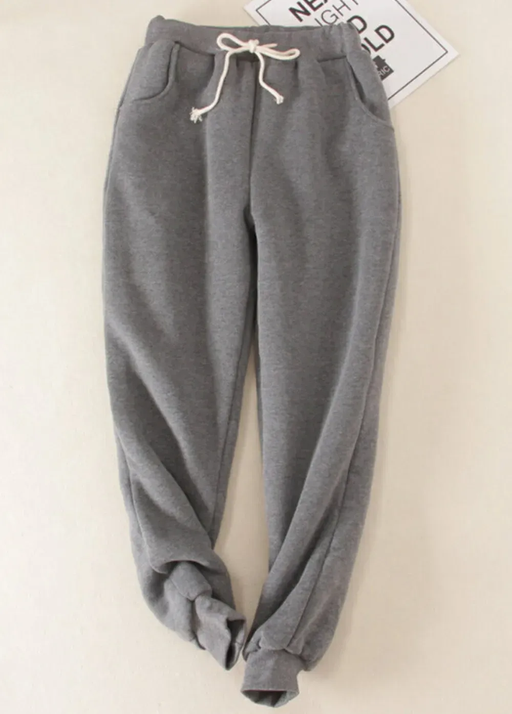 Grey Plush Jogger Drawastring High Waisted Pants