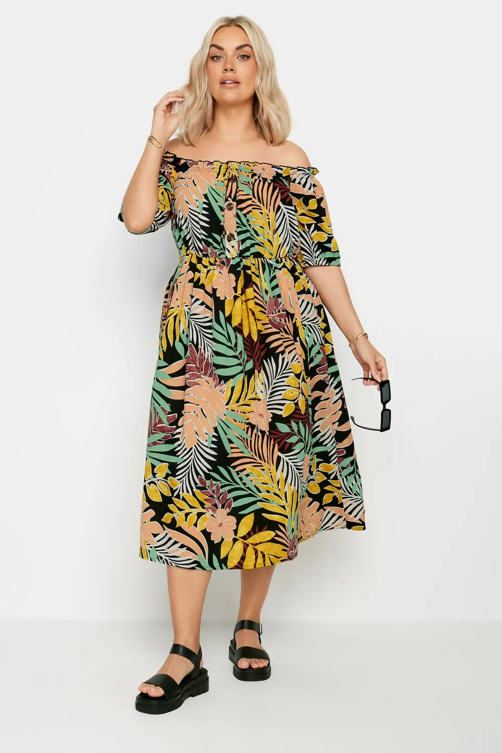 YOURS Curve Black Tropical Print Bardot Midaxi Dress