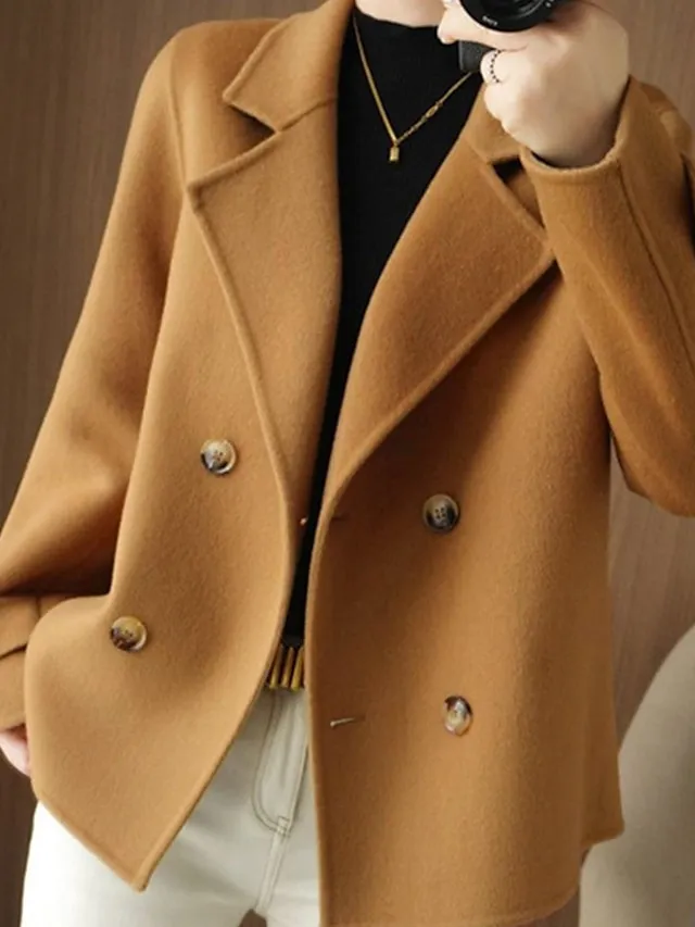 Women's Winter Blazer Coat Fall Double Breasted Lapel Jacket Wool Blend Short Coat with Pockets Warm Black White Camel