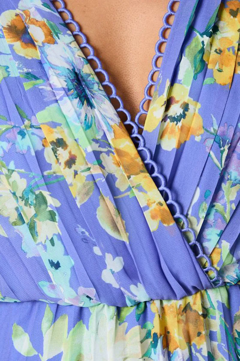Blue Floral Pleated Wrap Dress