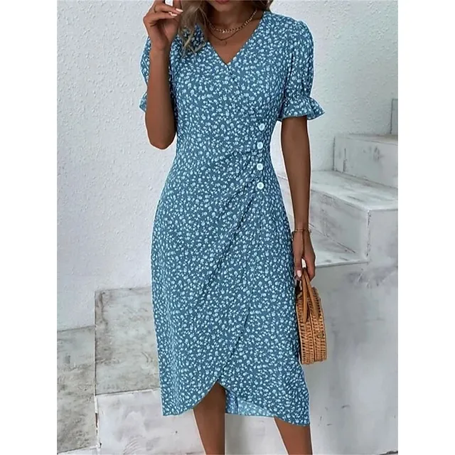 Women's Casual Dress Wrap Dress Floral Dress Floral Button Print V Neck Midi Dress Fashion Classic Daily Holiday Short Sleeve Regular Fit Black Dark Red Yellow Summer Spring S M L XL XXL