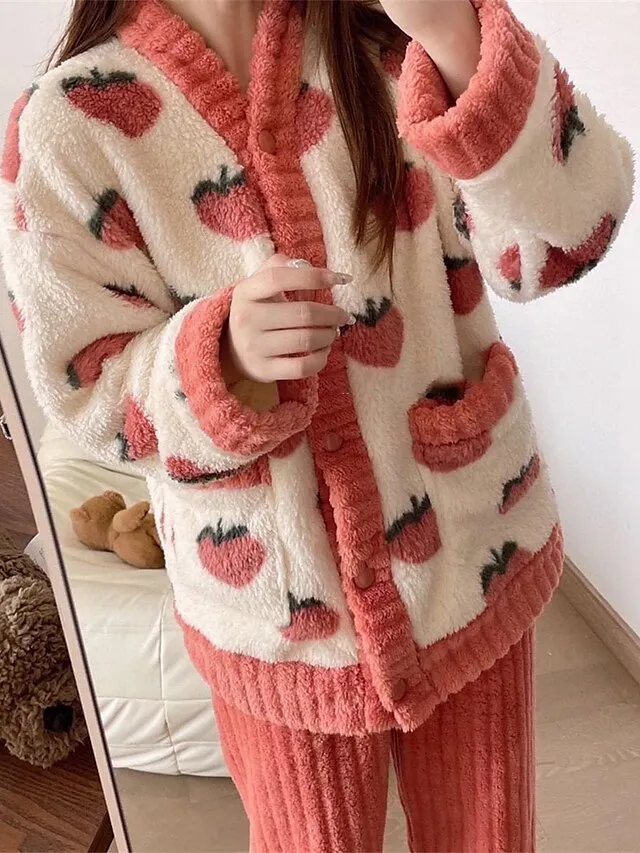 Women's Fleece Fluffy Fuzzy Warm Pajamas Sets Fruit Fashion Casual Comfort Home Daily Bed Flannel Warm V Wire Long Sleeve Cardigan Pant Button Pocket Fall Winter Pink Red
