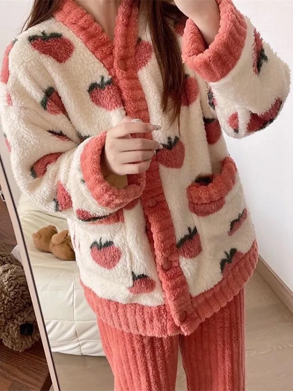 Women's Fleece Fluffy Fuzzy Warm Pajamas Sets Fruit Fashion Casual Comfort Home Daily Bed Flannel Warm V Wire Long Sleeve Cardigan Pant Button Pocket Fall Winter Pink Red