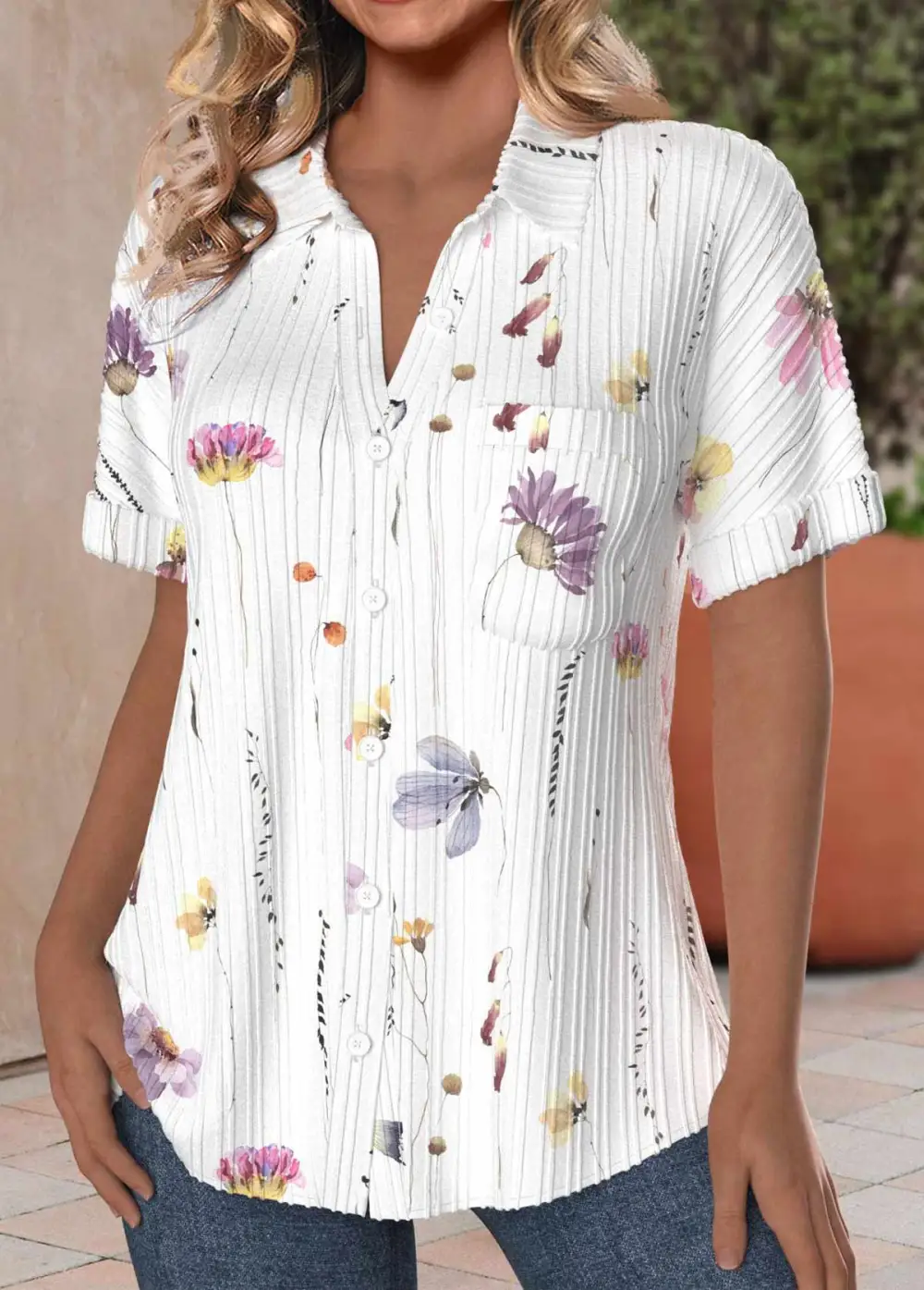 White Textured Fabric Floral Print Short Sleeve Blouse