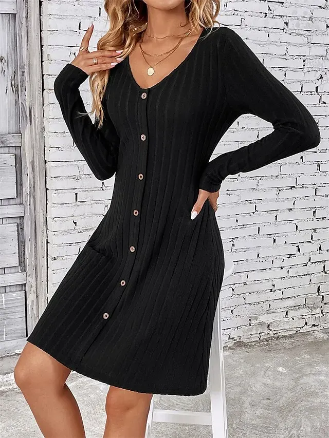 Women's Sweater Dress Jumper Dress Casual Dress Mini Dress Knitwear Fashion Modern Outdoor Daily Going out Weekend V Neck Long Sleeve Button Up Button 2023 Regular Fit Black Light Green Fuchsia S M L