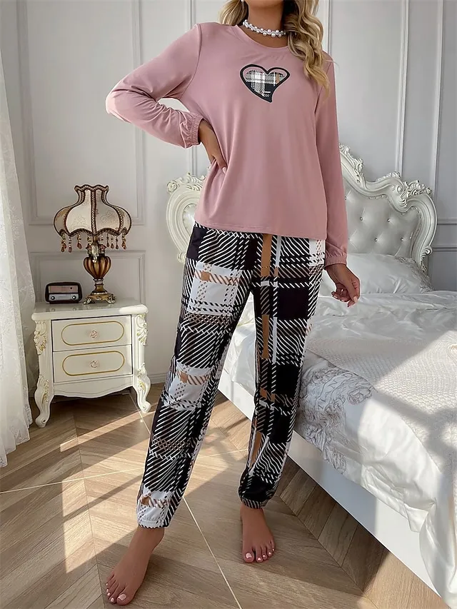 Women's Loungewear Sets Heart Grid / Plaid Simple Casual Comfort Home Daily Bed Polyester Breathable Crew Neck Long Sleeve T shirt Tee Pant Fall Winter Lotus Pink