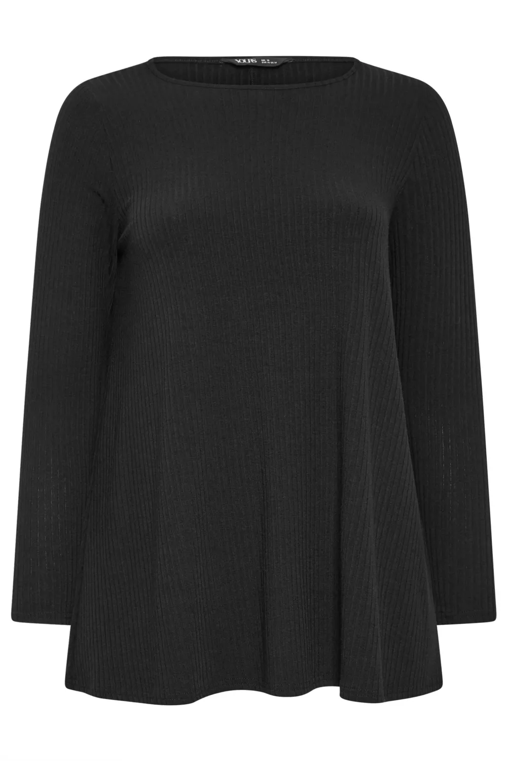 YOURS Curve Black Long Sleeve Ribbed Swing Top